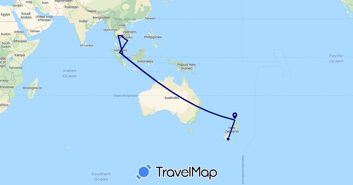 TravelMap itinerary: driving in Cambodia, Malaysia, New Zealand, Singapore, Thailand, Vietnam (Asia, Oceania)